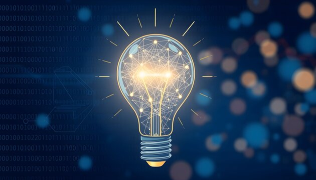 Glowing lightbulb with digital network inside on a blue background.