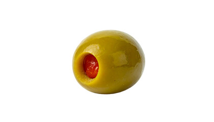 Single green olive with pimento filling isolated on transparent background