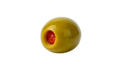 Single green olive with pimento filling isolated on transparent background