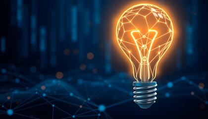 A glowing light bulb with a digital network filament against a dark blue background with abstract tech connections, symbolizing innovation and ideas.