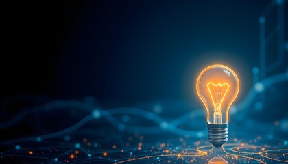 Glowing light bulb on a dark blue background with digital lines, symbolizing innovation and ideas.