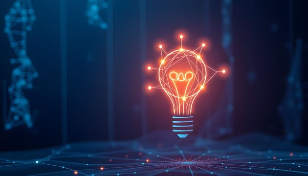 A glowing digital light bulb representing innovation and ideas in a futuristic network environment.