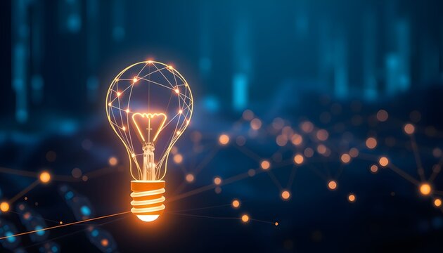A glowing lightbulb with a network of connections superimposed on a dark, futuristic background.