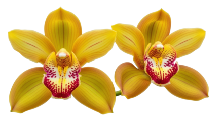 Isolated vibrant cymbidium orchids with red speckled centers, golden petals, beautiful blooms