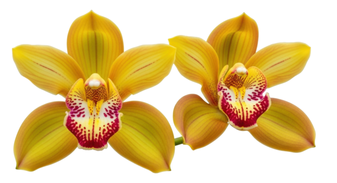 Isolated vibrant cymbidium orchids with red speckled centers, golden petals, beautiful blooms