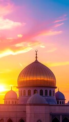 Obraz premium Golden domes of a mosque, bathed in the vibrant hues of a sunset sky, creating a serene and majestic scene.