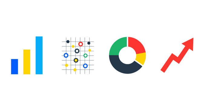 A collection of four colorful data visualization icons: a bar chart, scatter plot, donut chart, and an upward trend arrow.