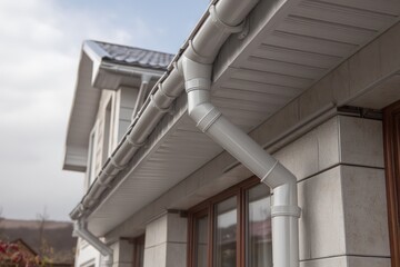 Gray Zinc Gutter and White Downpipes on House Facade