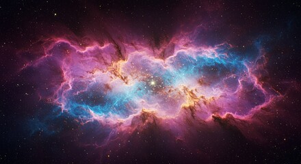 A vibrant and colorful nebula glowing in deep space, surrounded by a field of stars. This cosmic background represents the universe, astronomy, and the mystery of creation.