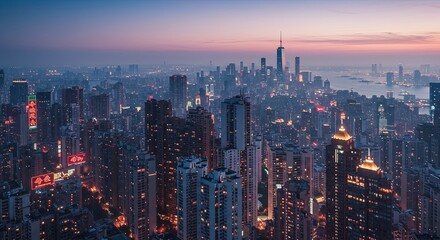 Fototapeta premium An epic aerial view of a massive modern metropolis at twilight. The glowing city lights create a vibrant and energetic urban landscape against the colorful sunset sky.