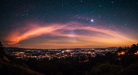 A stunning view of a city at night from a high vantage point. The sky is filled with stars and a mysterious, glowing red arc, creating a beautiful and magical landscape.