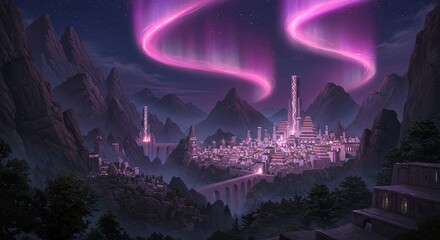 A magical fantasy city glowing at night, hidden in a mountain valley. A spectacular pink aurora dances in the starry sky above the mysterious, ancient architecture.