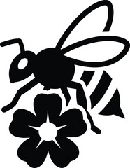 Black Silhouette Icon of a Bee Landing on a Flower on a White Background insect honeybee