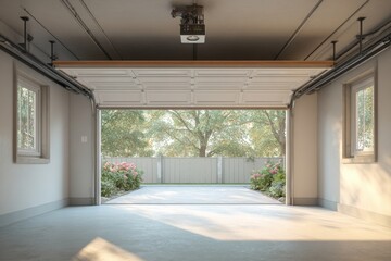 Fototapeta premium A modern garage interior features an open window revealing a double door and a smart control panel overhead, showcasing innovative security and convenience in a sleek, bright setting.