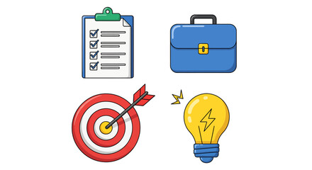A set of four business and productivity icons: a checklist on a clipboard, a blue briefcase, a target with an arrow, and a glowing lightbulb.