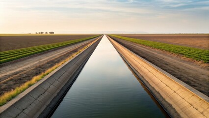 A serene landscape featuring a canal flanked by cultivated fields, reflecting the sky, showcasing agricultural harmony and irrigation.