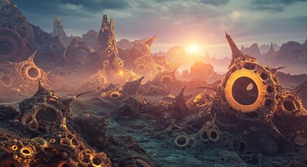 An epic science fiction landscape on an alien planet at sunrise. The surreal, fractal-like structures create a mysterious and fantastical world for exploration.