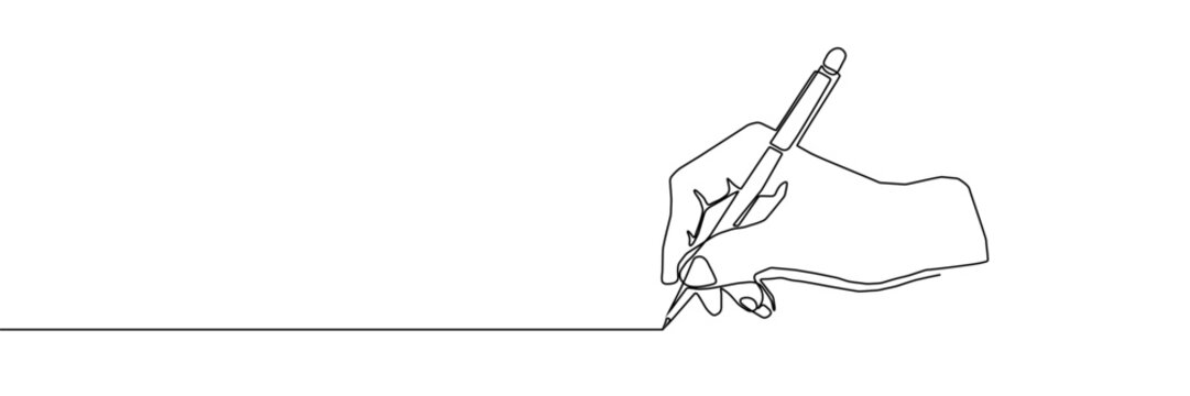 Continuous one line pen hand pencil write one art icon book journal sketch. Sign line pen hand vector signature letter notebook person background contract document single legal white school paper