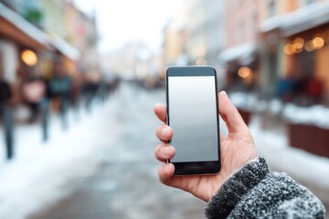Hand Holding Phone with Blank Screen on Snowy Street