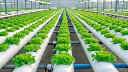 A vibrant hydroponic farm showcasing rows of healthy green lettuce growing in a controlled environment.