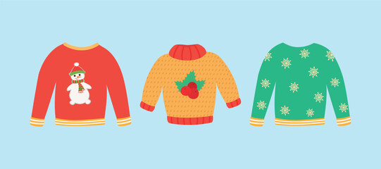 Bright Christmas sweaters, festive design, background with decorations. Get inspired in the field of holiday fashion or design. A set of winter Christmas knitted sweaters.