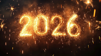 Radiant 2026 new years eve celebration with brilliant sparklers illuminating the years digits against a dark canvas, representing joy and anticipation