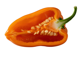Hyperdetailed macro of a vibrant orange habanero pepper, cleanly cut in half, showcasing glistening seeds & fiery steam on a transparent background, dramatic low angle, intense heat and culinary power