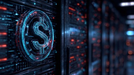 Futuristic data center with digital currency symbol on server