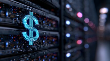 Digital dollar symbol illuminated in high-tech server room