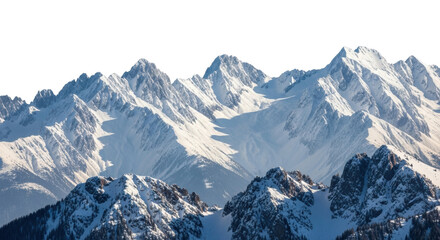 Isolated snowy mountains high above the forest; mountainous winter scenery, cold season