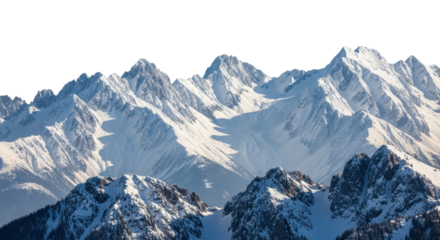 Isolated snowy mountains high above the forest; mountainous winter scenery, cold season