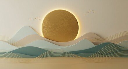 Giant golden sun and soft waves — minimalist zen landscape