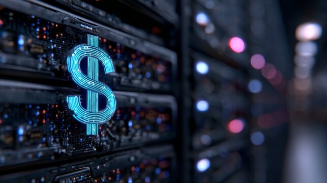Digital dollar symbol illuminated in high-tech server room