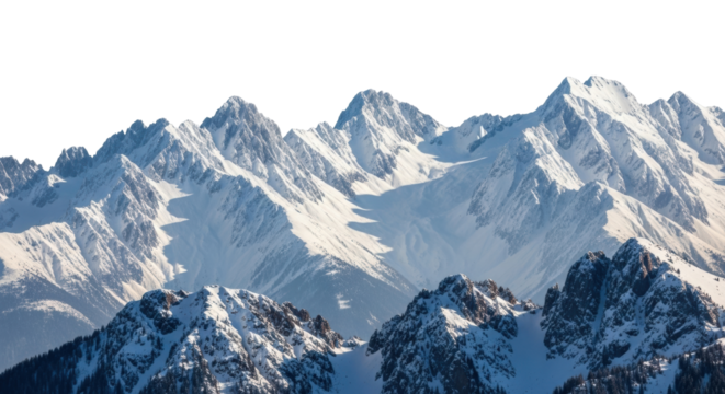 Isolated snowy mountains high above the forest; mountainous winter scenery, cold season