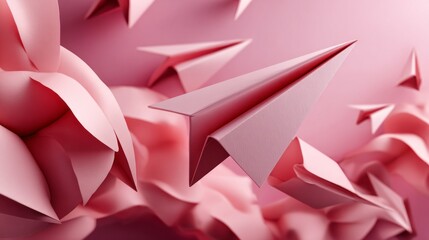 Colorful paper planes flying over a smooth pink background create a playful and artistic scene