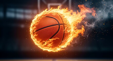 Basketball on fire in a stadium