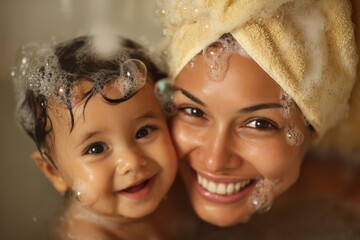 Happy Mother and Baby Bonding Bath Time in Soap