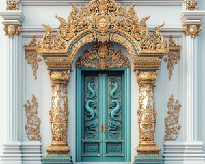 Fototapeta premium Ultradetailed macro fine art of an ornate temple door engraved with gold and jade patterns