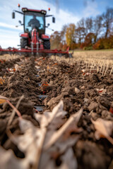 Obraz premium A red tractor tilling the soil in an autumn field, showcasing the beauty of nature and agriculture as the farmer prepares the land for the upcoming planting season.