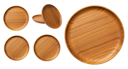 Isolated Brown wooden plates in different angles for dining table and kitchen decor