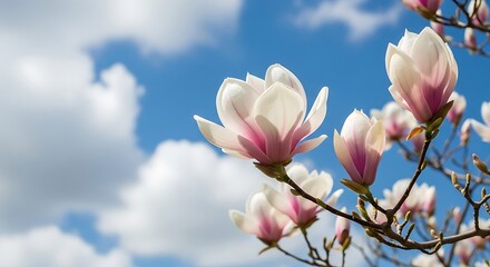 Obraz premium Blossoming magnolia flowers against a partly cloudy sky