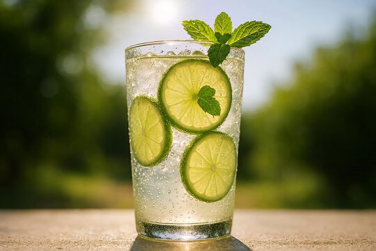 A glass of "Nam Manao" fresh lime soda with slices of lime and mint leaves.