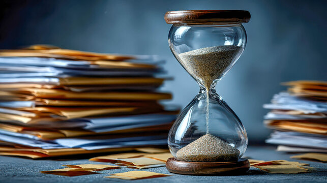 Sand timer beside stacked files represents the passage of time in a busy office environment