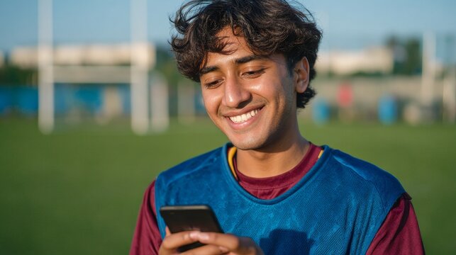 Young hispanic male soccer player smiling while using smartphone on field - Powered by Adobe