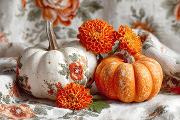 A beautiful autumn display featuring a cross-stitched pumpkin next to a speckled orange pumpkin, accented with bright chrysanthemums on a patterned cloth