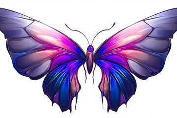 Fototapeta premium Colorful butterfly illustration with vibrant blue and purple wings in a symmetrical pattern isolated on white background
