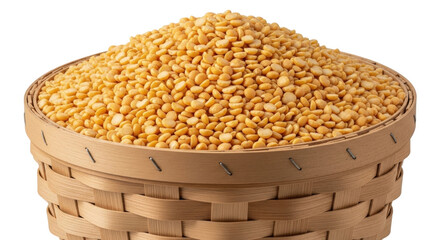 Isolated basketful of dried yellow split peas ready for cooking for a protein rich diet