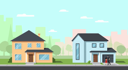 Suburban bliss two modern houses under a sunny sky, a young couple in love stands outside their