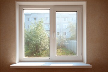 Fototapeta premium A white plastic window set against a beige wall offers a clean, modern aesthetic. The transparent glass reflects light, creating a bright and airy ambiance, perfect for showcasing designs.