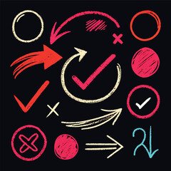 Hand-drawn doodle style colorful icons with circles, arrows, check marks, and symbols